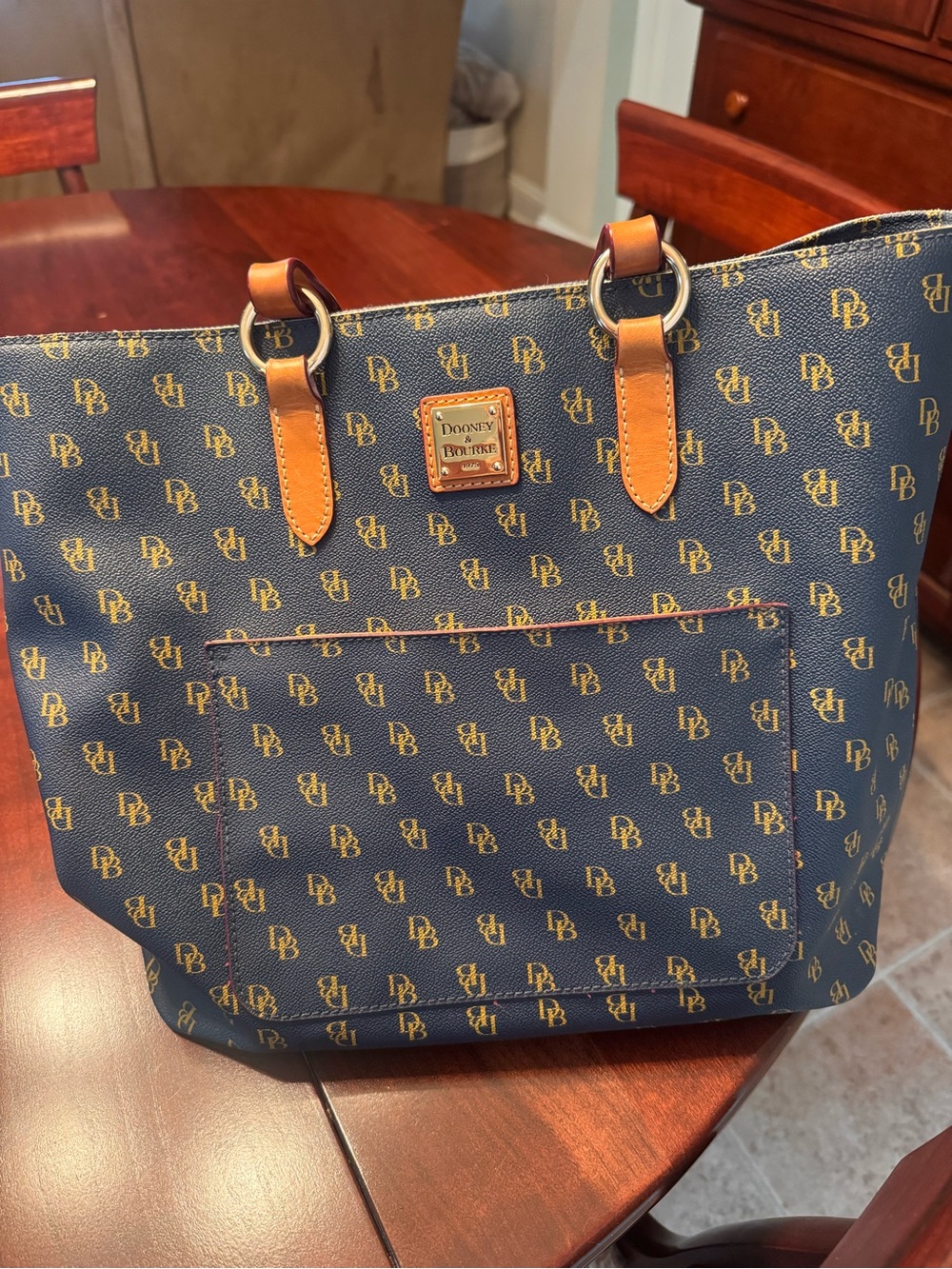 Dooney & Bourke Navy Signature Tote with Tan Trim and Gold Logo